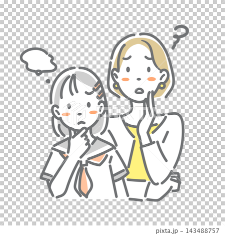 一位問題少女和她的母親:時尚且平易近人的線條藝術插圖。 一位問題少女和她的母親:時尚且平易近人的線條藝術插圖。 143488757