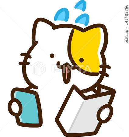 書類の申請を初めてスマホを使ってやろうとしているかわいいねこのキャラクターのデフォルメイラスト 143488766