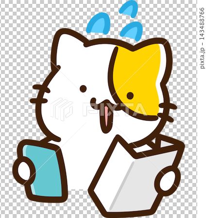 書類の申請を初めてスマホを使ってやろうとしているかわいいねこのキャラクターのデフォルメイラスト 143488766