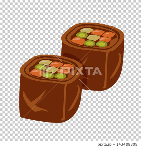 Illustration of vegetables wrapped in meat Illustration of vegetables wrapped in meat 143488809