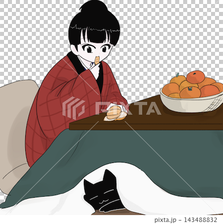 A woman in a padded jacket eating tangerines under a heated table (kotatsu) with a sleeping cat – a glimpse into winter life. A woman in a padded jacket eating tangerines under a heated table (kotatsu) with a sleeping cat – a glimpse into winter life. 143488832