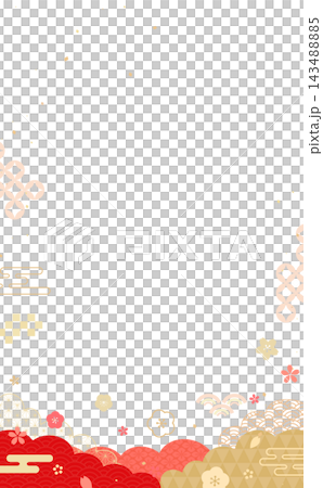 和柄の雲と花の赤色和風透過フレーム1_縦 143488885