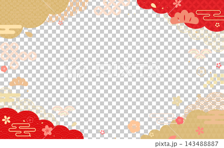 和柄の雲と花の赤色和風透過フレーム2_横 和柄の雲と花の赤色和風透過フレーム2_横 143488887