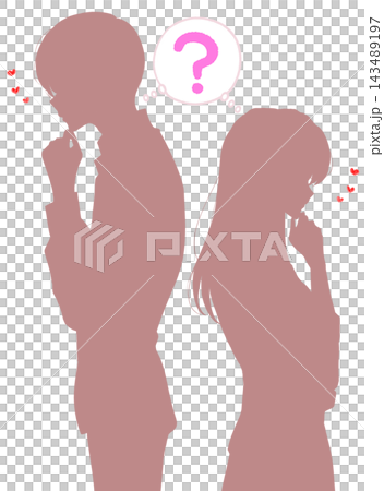 A man and a woman with doubts stand back to back, their silhouettes together, in love. A man and a woman with doubts stand back to back, their silhouettes together, in love. 143489197