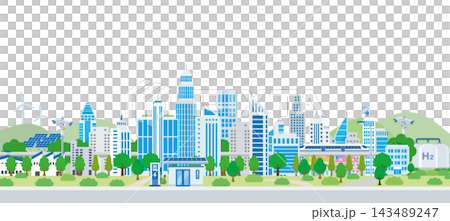 A vector illustration of a future smart city utilizing renewable energy, featuring environmental infrastructure and an eco-friendly cityscape. 143489247