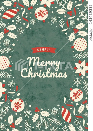 手描き風のクリスマスオーナメントとヒイラギやモミの木を配置したクリスマスフレーム 手描き風のクリスマスオーナメントとヒイラギやモミの木を配置したクリスマスフレーム 143489353