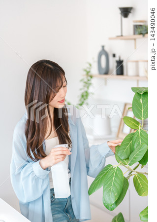 観葉植物に葉水のスプレーをする若いアジア人女性 観葉植物に葉水のスプレーをする若いアジア人女性 143490046