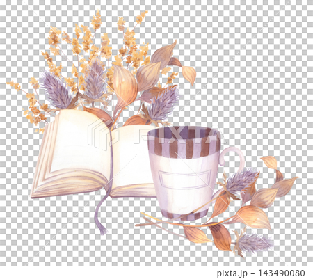 Open book with blank pages beside striped ceramic mug and dried wildflower bouquet in muted watercolor still life composition with warm beige and lavender tones Open book with blank pages beside striped ceramic mug and dried wildflower bouquet in muted watercolor still life composition with warm beige and lavender tones 143490080