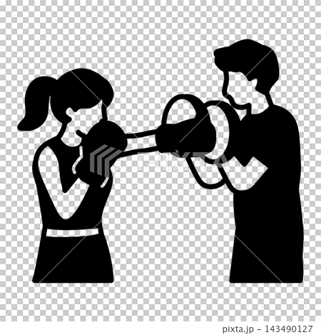 Pictogram for kickboxing fitness: Woman hitting mitts Pictogram for kickboxing fitness: Woman hitting mitts 143490127