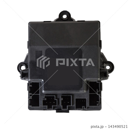 A part with a connector from a car on a white isolated background is a plastic electronic control unit for replacement and repair. Spare parts catalog for sale A part with a connector from a car on a white isolated background is a plastic electronic control unit for replacement and repair. Spare parts catalog for sale 143490521