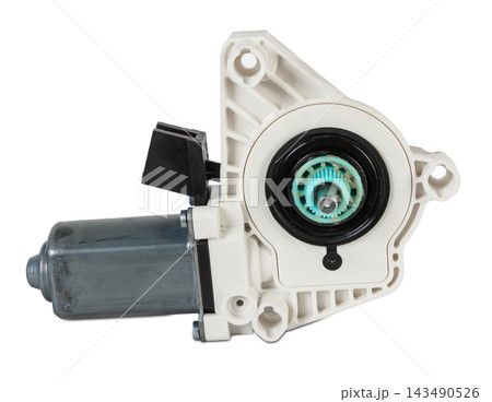 Electric window mechanism motor for a car on a white isolated background. Automotive spare parts catalog 143490526