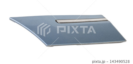 Blue plastic molding with chrome for car side fender - tuning element for sale in a car service on a white isolated background in a photo studio Blue plastic molding with chrome for car side fender - tuning element for sale in a car service on a white isolated background in a photo studio 143490528