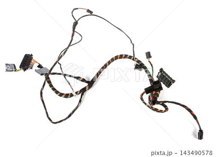 A cable of matted wires of different colors with connectors in the electrical wiring of the car. Internet line in the work of the provider 143490578