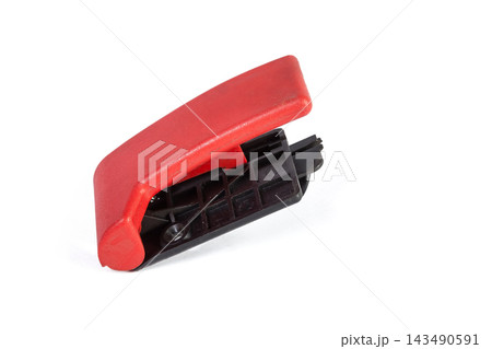 Handle for opening the car hood on white isolated background. Spare pats catalog Handle for opening the car hood on white isolated background. Spare pats catalog 143490591