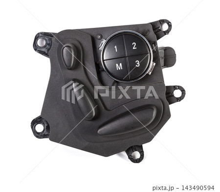 Car seat adjustment buttons with position memory on a white isolated background. Catalog of spare parts for vehicles 143490594