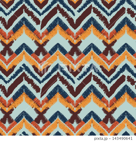 Seamless zigzag pattern with layered brushstroke chevrons in navy, orange, rust, and pale aqua. Repeating geometric surface suits textile, wallpaper, wrapping, and decorative background design. 143490641