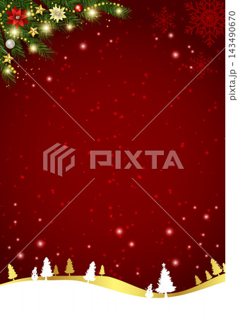 クリスマス背景イラスト、リアル飾り、キラキラ、赤、野山、縦 143490670