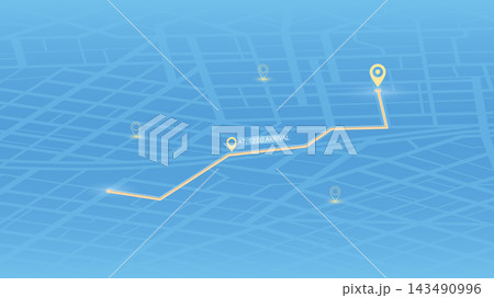 An abstract navigation plan highlights POI including city streets, blocks. City map featuring directional signs, an intended goal point and multiple markers. Editable vector illustration 143490996