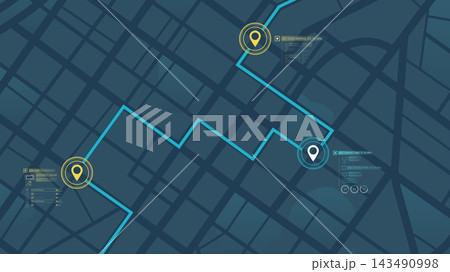 Planned route across the entire map with marked destinations and estimated arrival times. Simple city scheme with convenient labels. Editable vector illustration Planned route across the entire map with marked destinations and estimated arrival times. Simple city scheme with convenient labels. Editable vector illustration 143490998