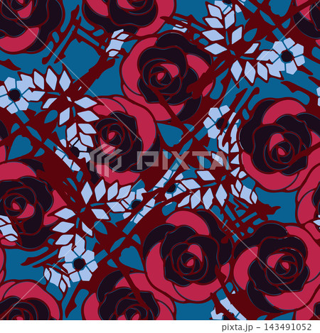 Repeating floral artwork with oversized rose blossoms in burgundy and deep plum, pale leaf accents and flowing branch shapes across teal background for wallpaper, textiles, packaging and surface 143491052