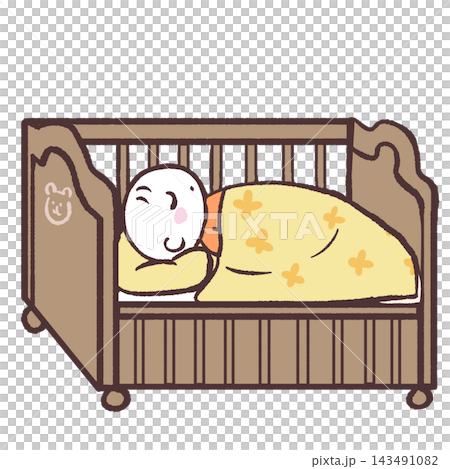 ベビーベッドで眠る赤ちゃんのイラスト 143491082