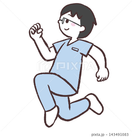 ジャンプする横向き男性医療スタッフのイラスト ジャンプする横向き男性医療スタッフのイラスト 143491083
