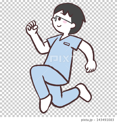 ジャンプする横向き男性医療スタッフのイラスト ジャンプする横向き男性医療スタッフのイラスト 143491083