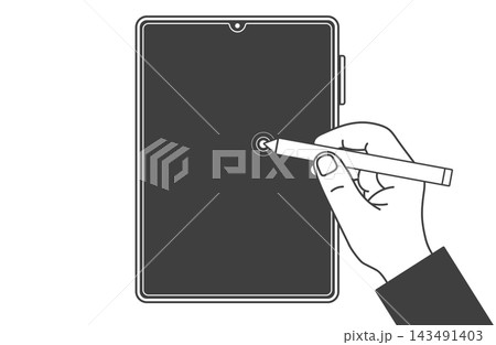 タッチペンで縦向きのタブレット画面を操作する手のイラスト2 タッチペンで縦向きのタブレット画面を操作する手のイラスト2 143491403
