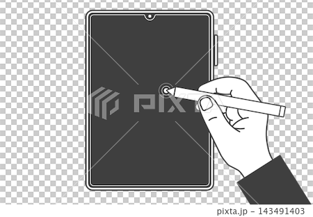 Illustration 2 of a hand operating a vertically oriented tablet screen with a stylus. Illustration 2 of a hand operating a vertically oriented tablet screen with a stylus. 143491403