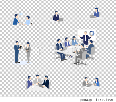 一組簡單的向量插圖，描繪了商務人士開會的場景。 143491496