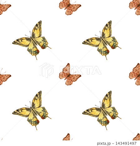 Seamless watercolor pattern with large yellow and small orange butterflies on a white background, natural decorative design for fabric, wallpaper, stationery and packaging Seamless watercolor pattern with large yellow and small orange butterflies on a white background, natural decorative design for fabric, wallpaper, stationery and packaging 143491497