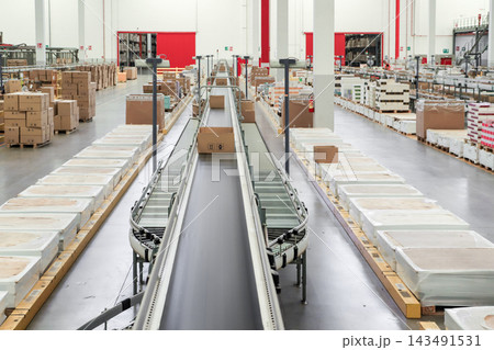 conveyor line in the factory. logistic warehouse. packing line in a logistics warehouse conveyor line in the factory. logistic warehouse. packing line in a logistics warehouse 143491531