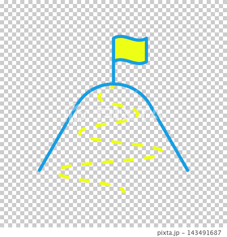 A simple icon of a mountain and a flag representing the path to achieving goals and success. 143491687