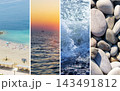 Seaside vacation collage, sandy beach, sunset yacht, ocean splash and pebbles banner 143491812