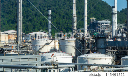Oil and Gas refinery petrochemical plant industrial, Aerial view oil refinery, Refinery plant, Refinery factory. Oil and Gas refinery petrochemical plant industrial, Aerial view oil refinery, Refinery plant, Refinery factory. 143491821