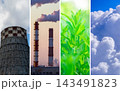 Cooling tower and factory vs green plant collage industrial pollution and eco nature banner 143491823
