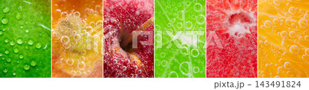 Panoramic macro fruit collage with fresh water drops and bubbles 143491824