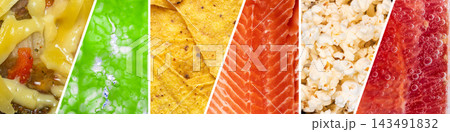 Fast food and healthy nutrition split screen collage, salmon, popcorn and pizza background 143491832