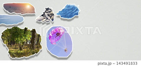 Summer travel collage cutout stickers on grey background, vacation destinations banner 143491833