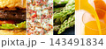 Burger, pizza, asparagus and orange juice collage, healthy versus fast food background 143491834