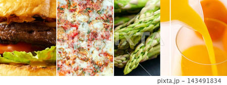 Burger, pizza, asparagus and orange juice collage, healthy versus fast food background 143491834