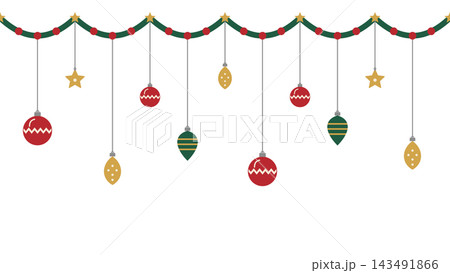 吊るしたクリスマスオーナメントの飾り枠 ガーランドと玉飾り 吊るしたクリスマスオーナメントの飾り枠 ガーランドと玉飾り 143491866