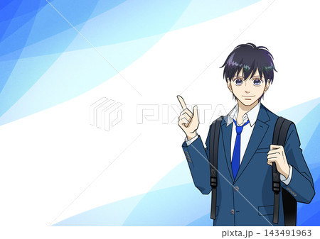 笑顔で指差しポーズをする男子学生のアニメ風イラスト 143491963