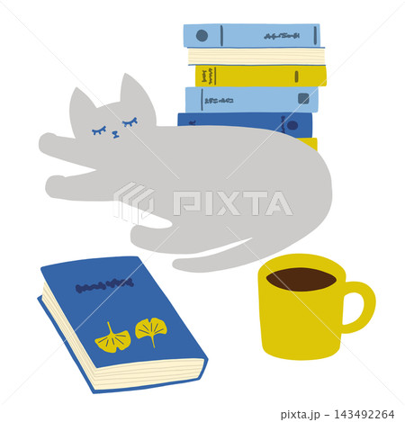 本とコーヒーとくつろぐ猫の秋の読書イラスト 143492264
