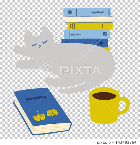 本とコーヒーとくつろぐ猫の秋の読書イラスト 143492264