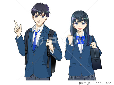 笑顔でリュックとスクールバッグを持つ高校生または中学生の男女のアニメ風イラスト、白バック 笑顔でリュックとスクールバッグを持つ高校生または中学生の男女のアニメ風イラスト、白バック 143492382
