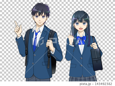 Anime-style illustration of smiling high school or junior high school students with backpacks and school bags, white background Anime-style illustration of smiling high school or junior high school students with backpacks and school bags, white background 143492382