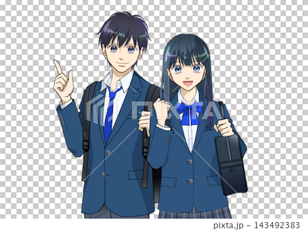 Anime-style illustration of smiling high school or junior high school students with backpacks and school bags, white background Anime-style illustration of smiling high school or junior high school students with backpacks and school bags, white background 143492383