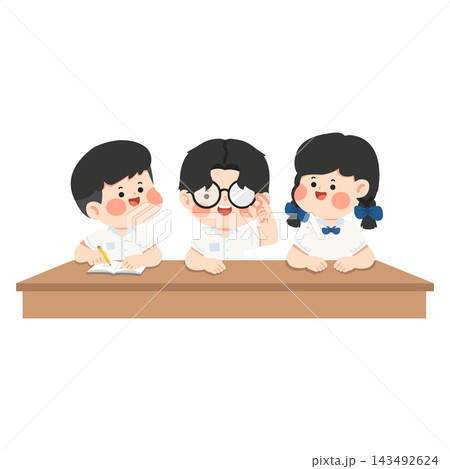 Three Cute Asian Students in School Uniform Studying at Classroom Desk Three Cute Asian Students in School Uniform Studying at Classroom Desk 143492624