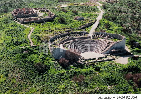Aerial view of ancient theatre ruins in Segesta, Sicily, Italy 143492864